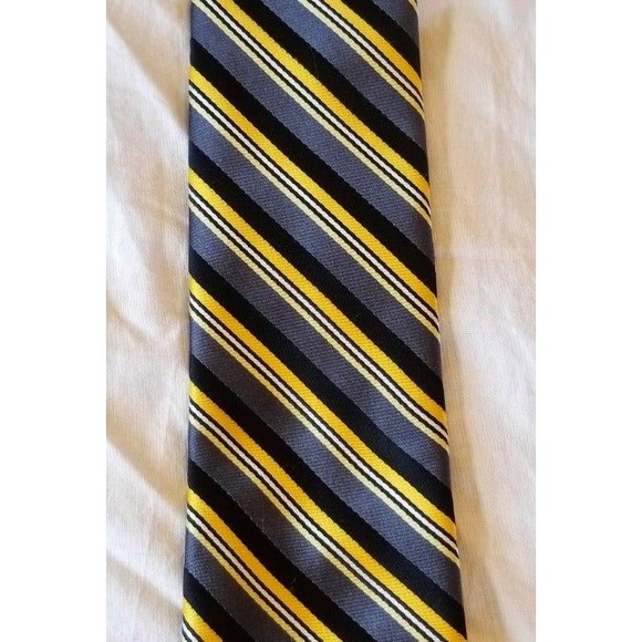 JF J. Ferrar Striped Black Yellow Grey Polyester Tie - Picture 2 of 8